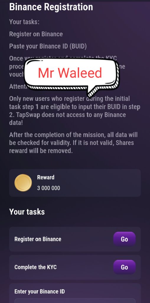register binance on Tapswap